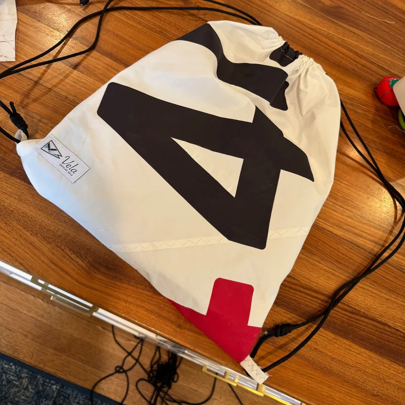 A finished Vela drawstring bag on a table